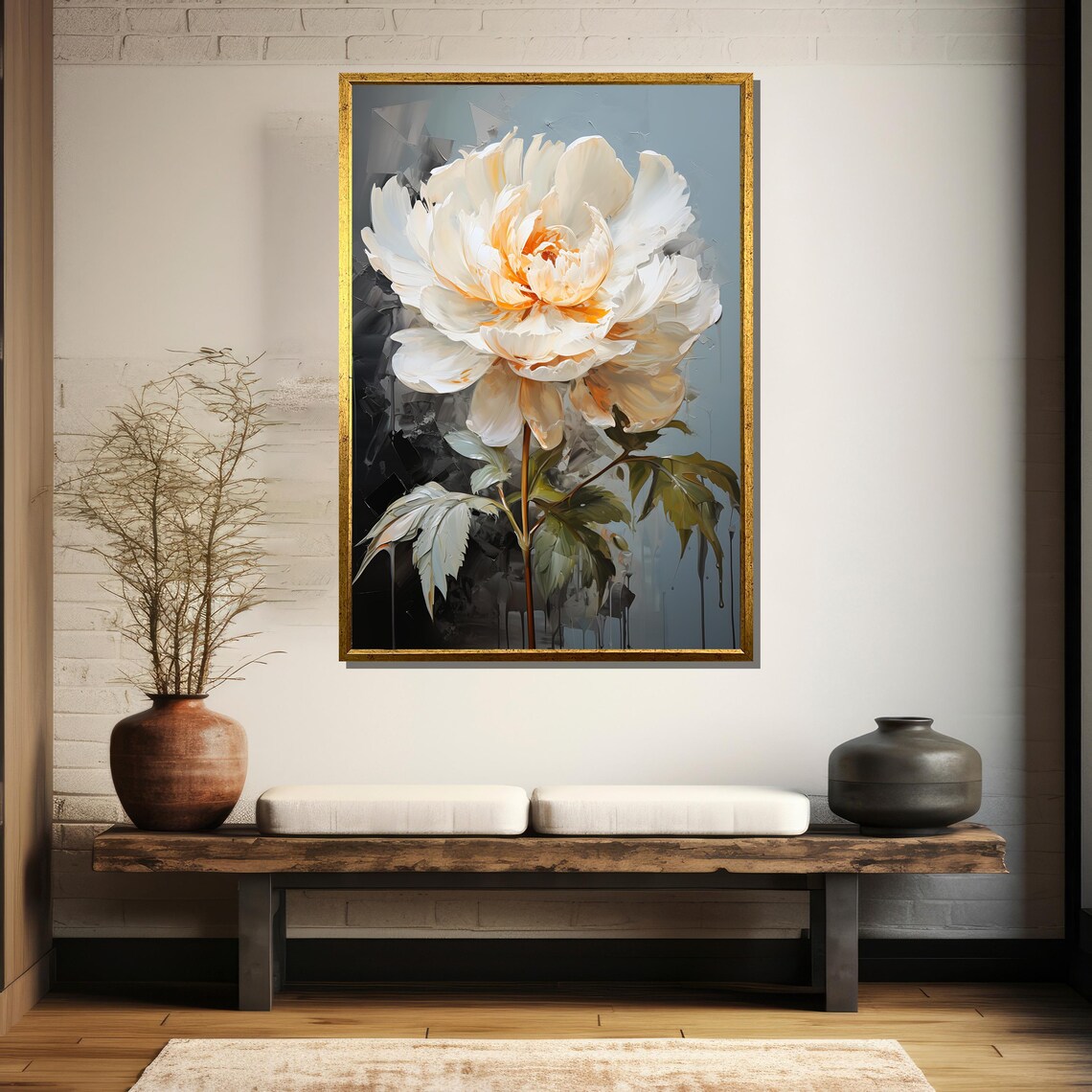 Elegant White Peony Bloom Modern Botanical Large Floral Wall Art - Image 5