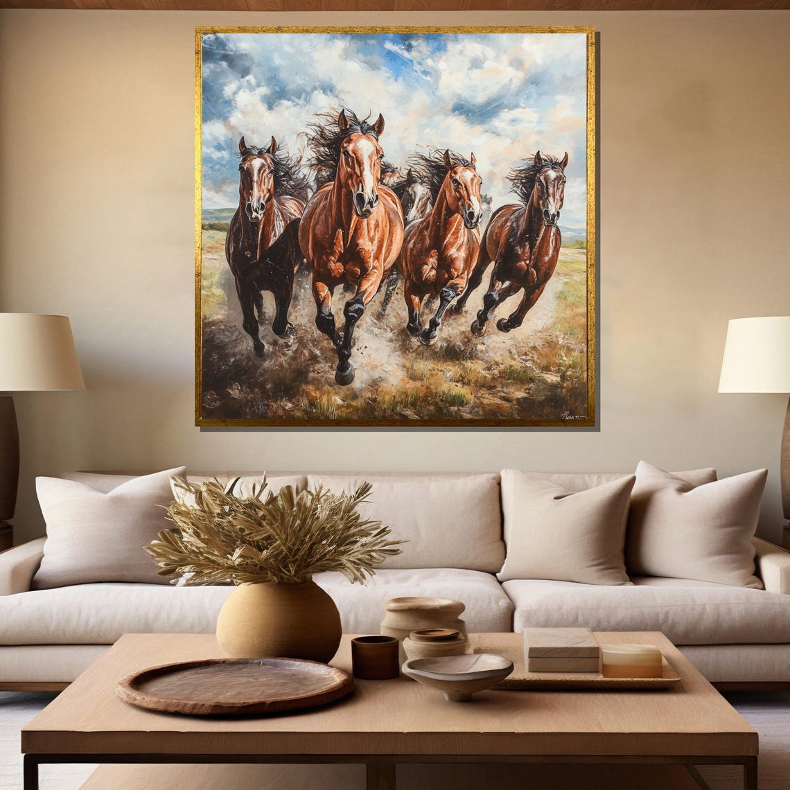 Galloping Chestnut Horses Charging Across Open Prairie Painting Poster - Image 5