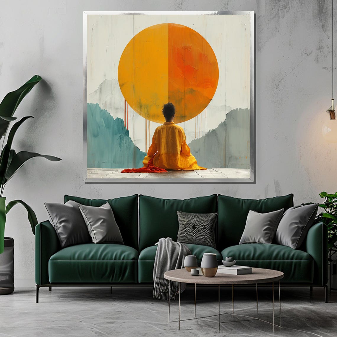 Meditating Figure Before Giant Orange Sun Over Teal Mountains Poster - Image 3