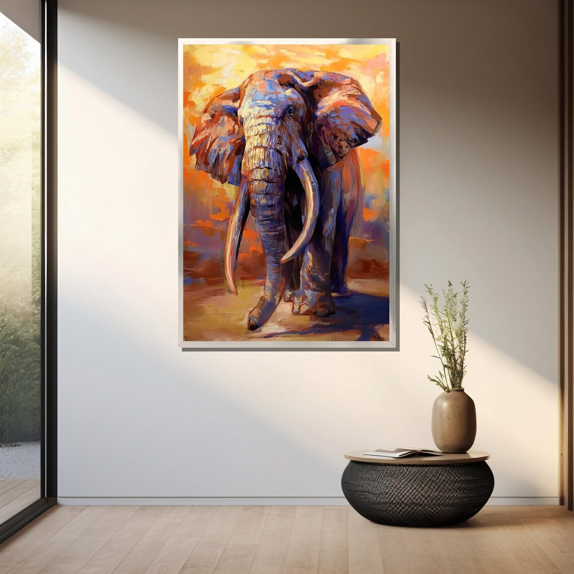 Elephant Walking Toward Viewer At Sunset Vibrant Impasto Wildlife Poster - Image 3