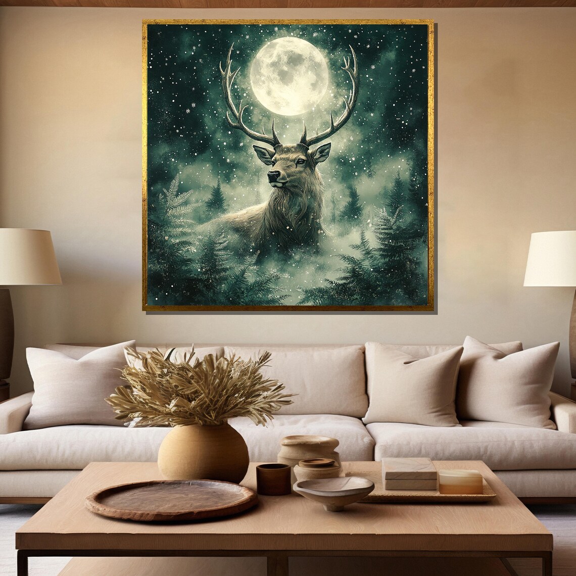 Majestic Stag with Grand Antlers Under Full Moon in Snowy Forest Poster - Image 5