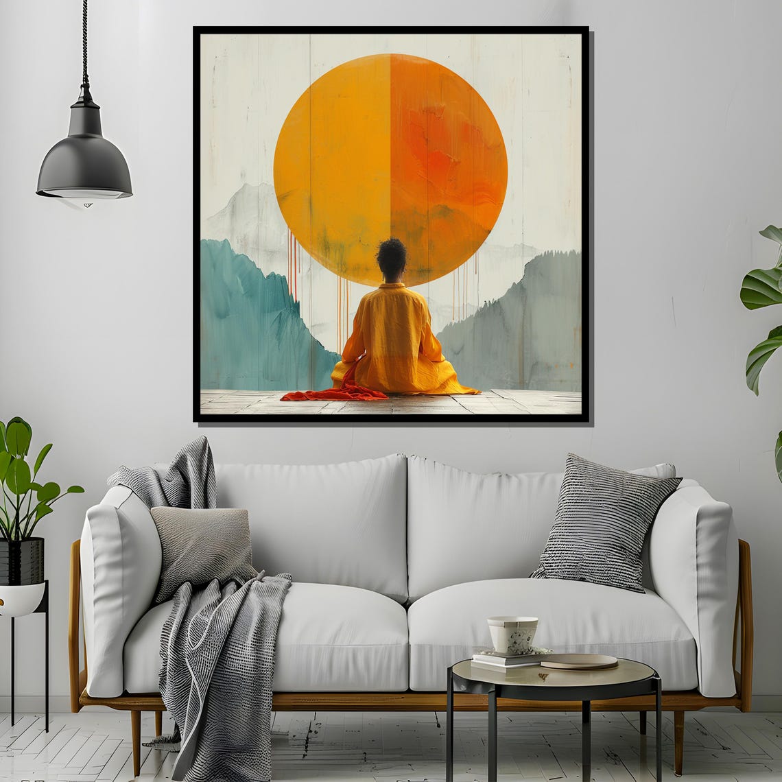 Meditating Figure Before Giant Orange Sun Over Teal Mountains Poster - Image 4