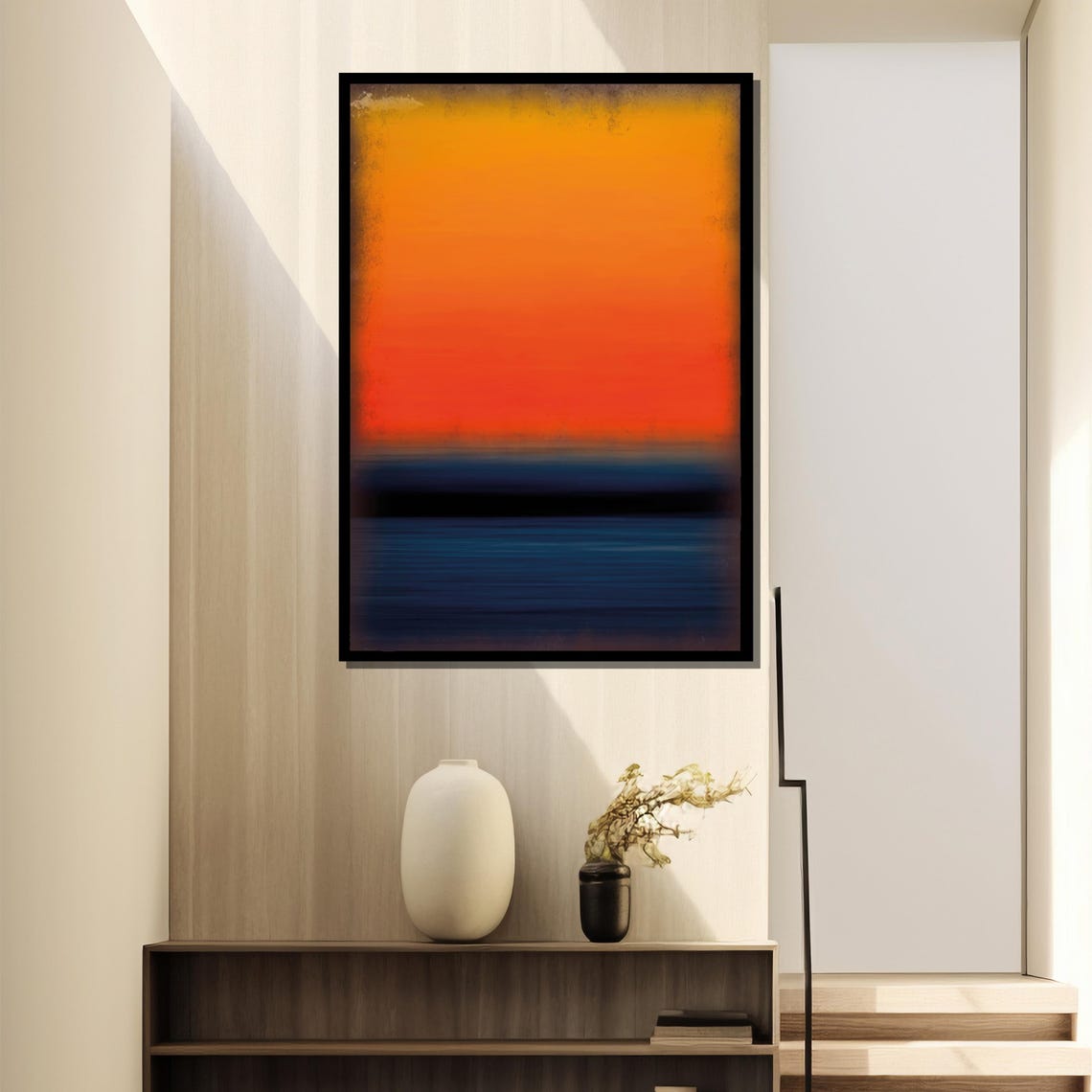 Fiery Sunset Orange To Deep Navy Gradient Abstract Art Poster - Image 4