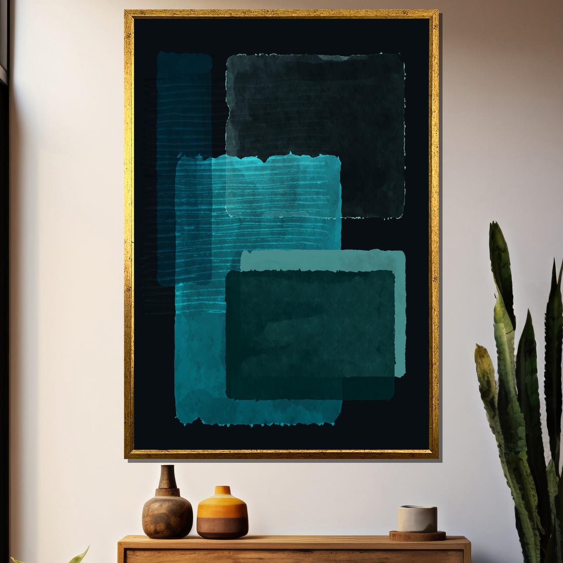 Abstract Geometric Painting In Deep Teal And Black Modern Minimalist Art Gift For Bold Home Decor And Contemporary Interiors