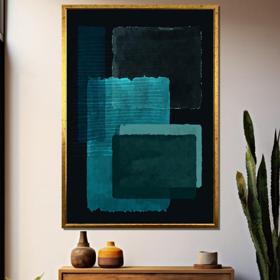 Abstract Geometric Painting In Deep Teal And Black Modern Minimalist Art Gift For Bold Home Decor And Contemporary Interiors