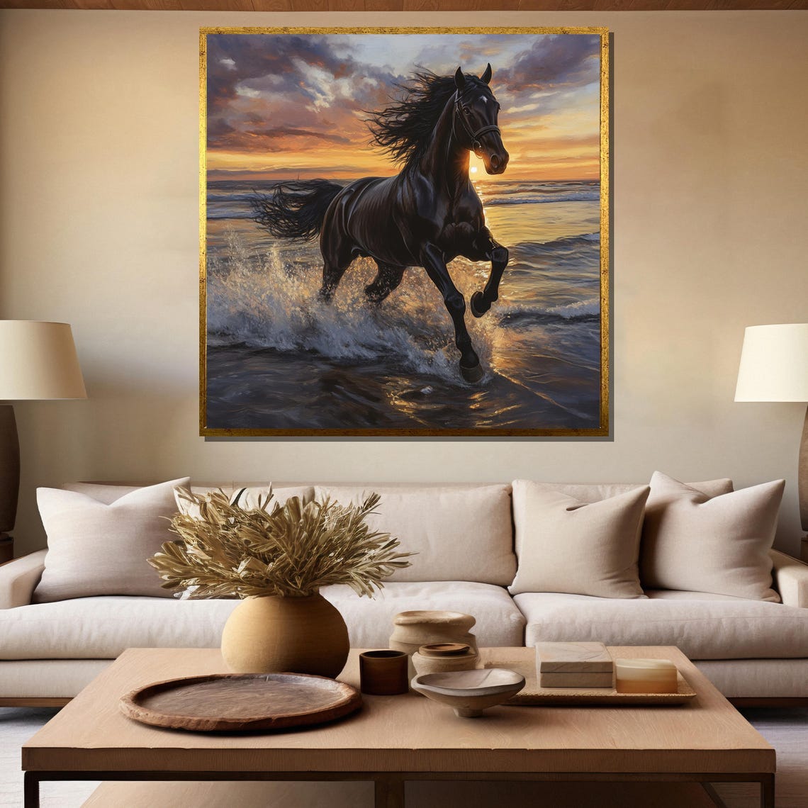 Black Horse Galloping Through Ocean Waves at Golden Sunset Poster - Image 5
