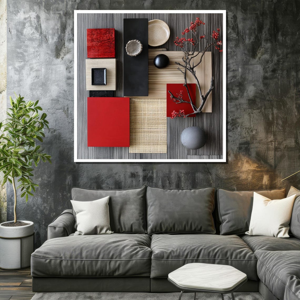 Japanese Minimalist Still Life with Red Blocks and Berry Branch Poster - Image 2