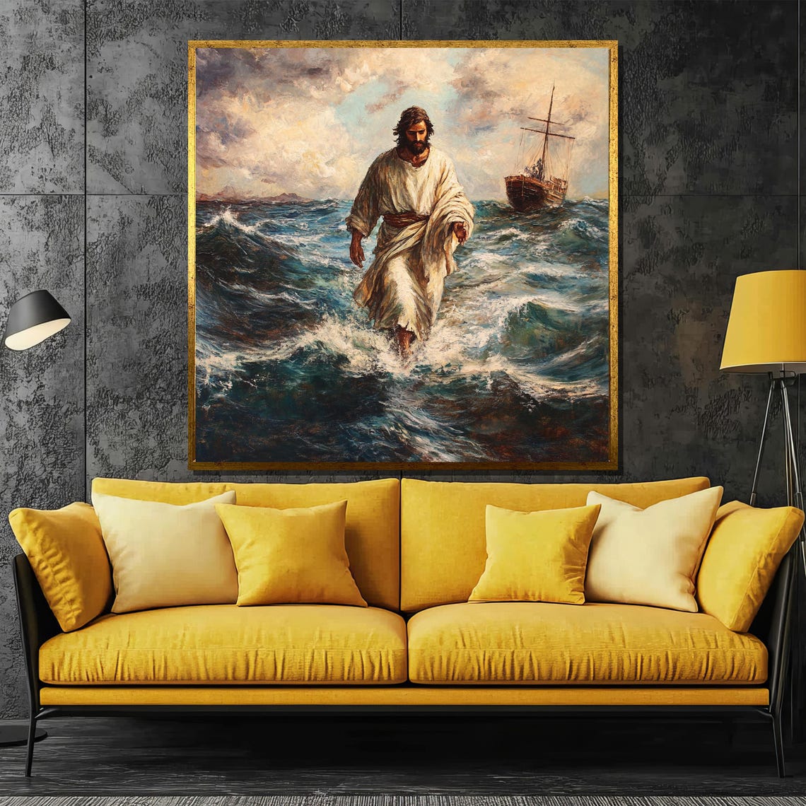 Jesus Walking on the Stormy Sea Beside a Small Wooden Boat Poster