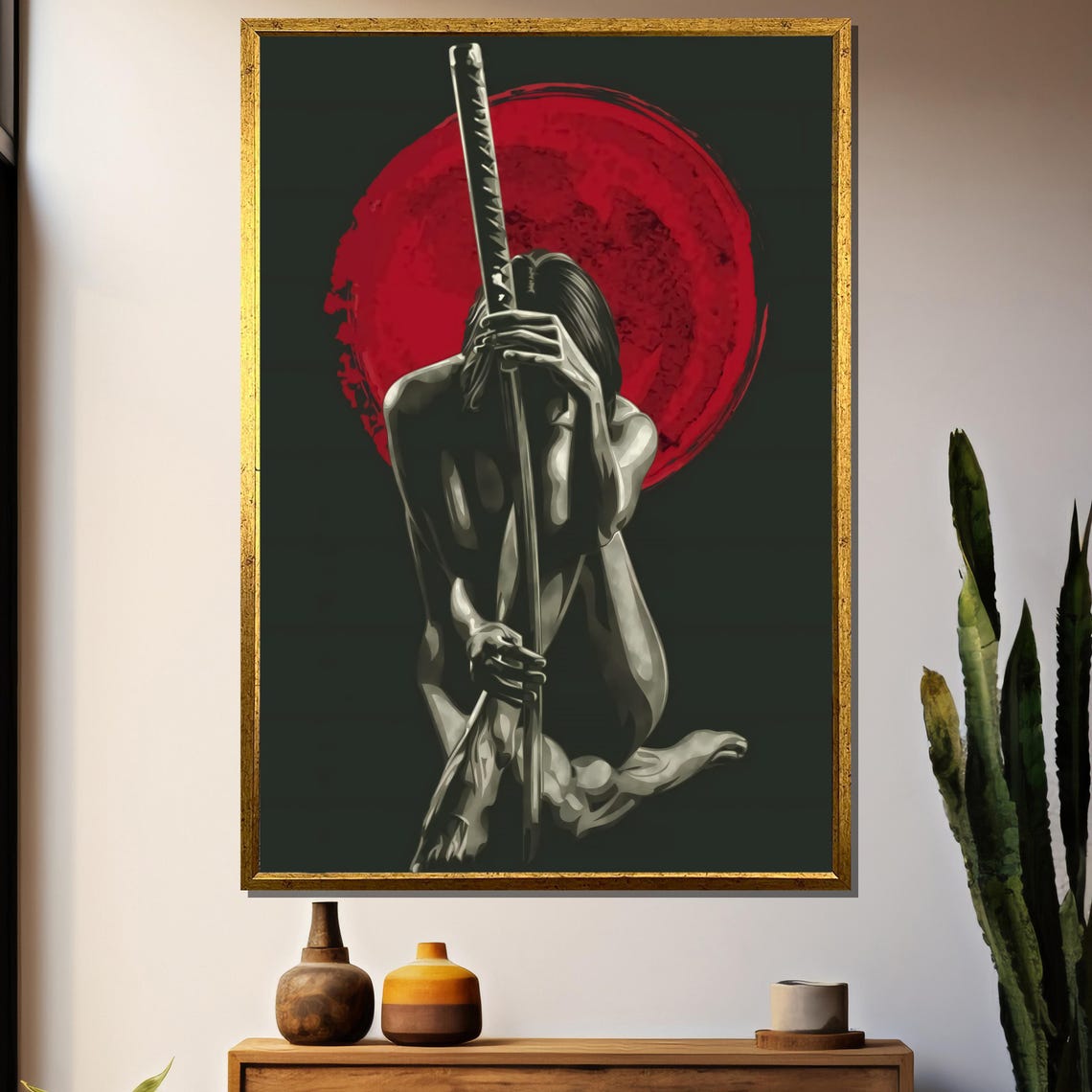 Seated Figure Holding A Katana Before A Giant Red Sun Poster