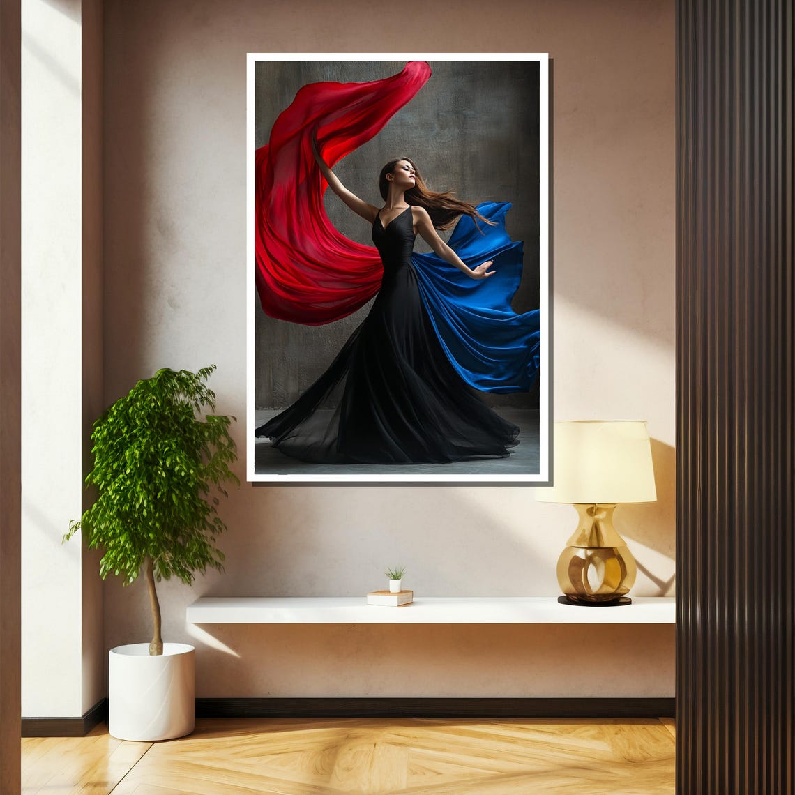 Dancer In Black Gown With Red And Blue Flowing Silk Sashes Poster - Image 2