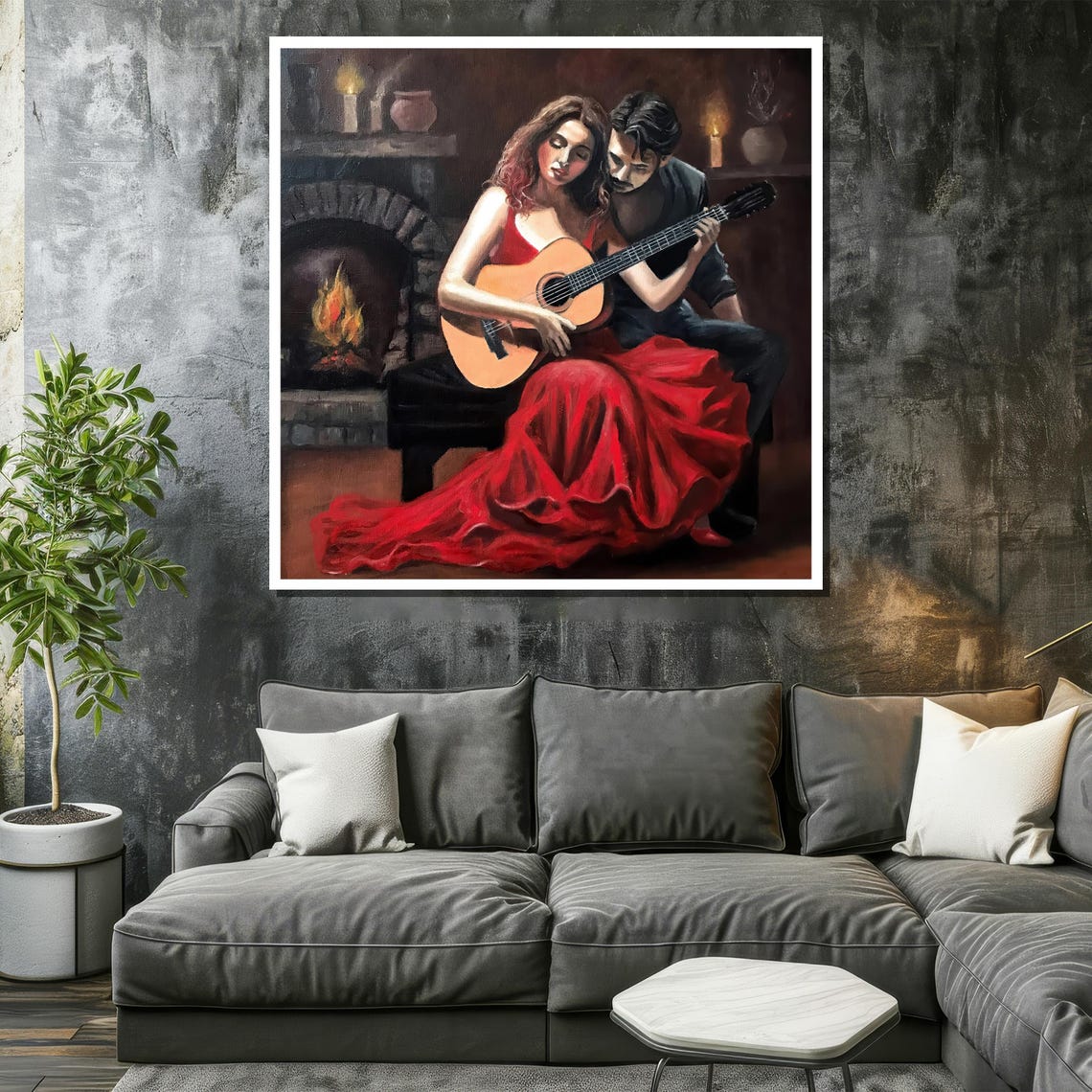 Intimate Fireplace Serenade Guitar Lovers in Red Gown Poster - Image 2