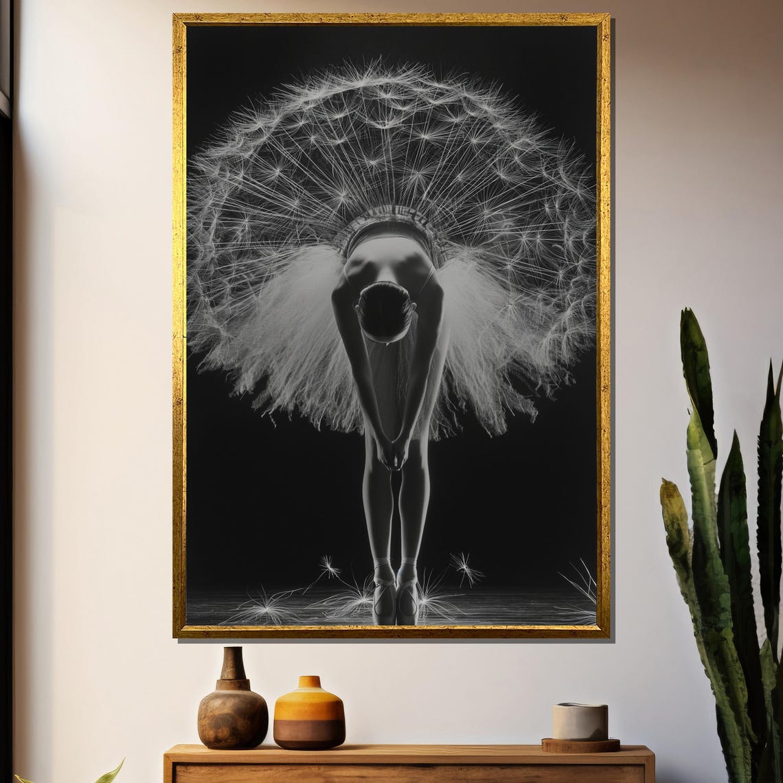 Monochrome Ballerina With Giant Dandelion Clock Behind Poster