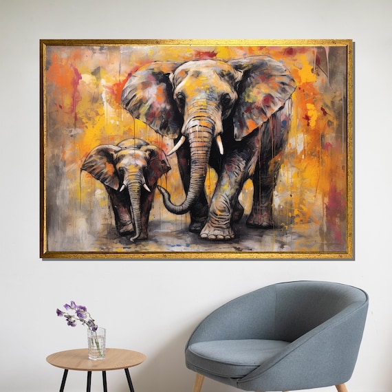Two Elephants Mother And Baby Walking In Warm Orange Splash Art Poster