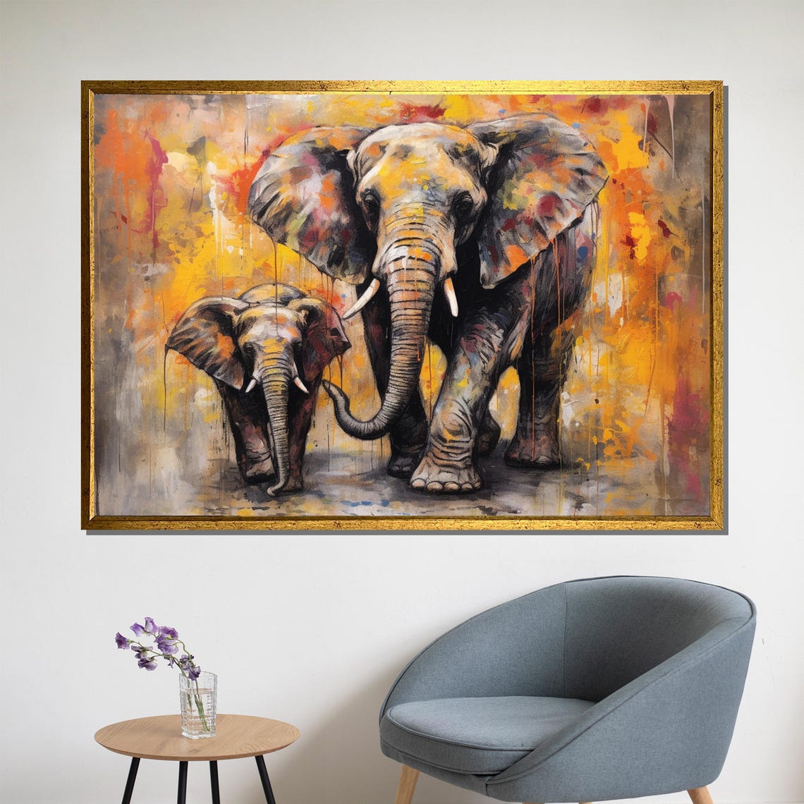 Two Elephants Mother And Baby Walking In Warm Orange Splash Art Poster