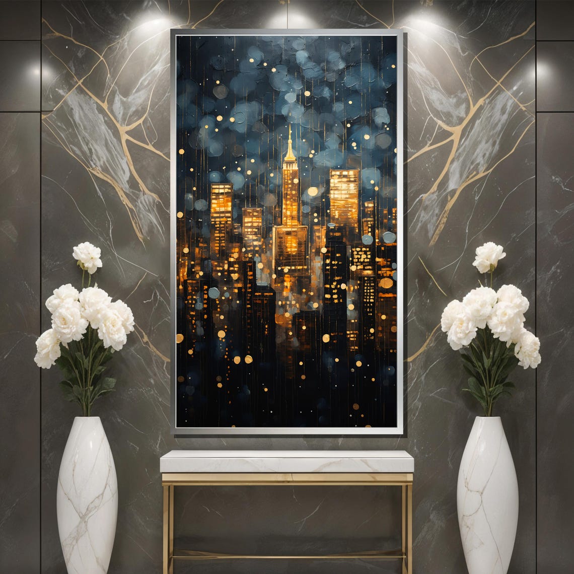 Golden Manhattan Skyline at Night Abstract City Lights Poster - Image 3