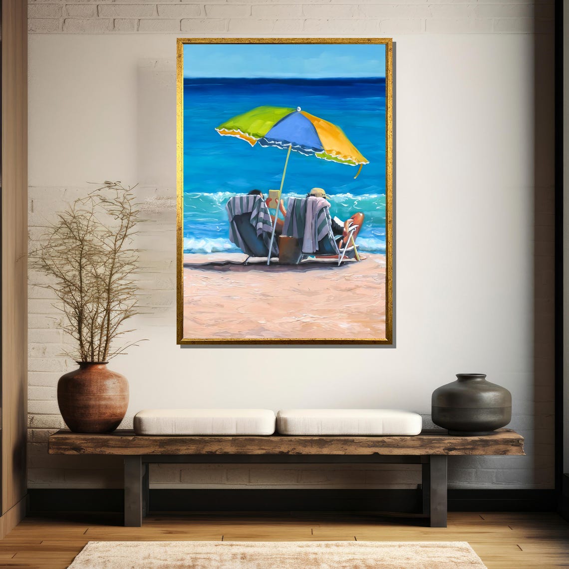 Couple Relaxing Under A Colorful Umbrella Seaside Scene Poster - Image 5