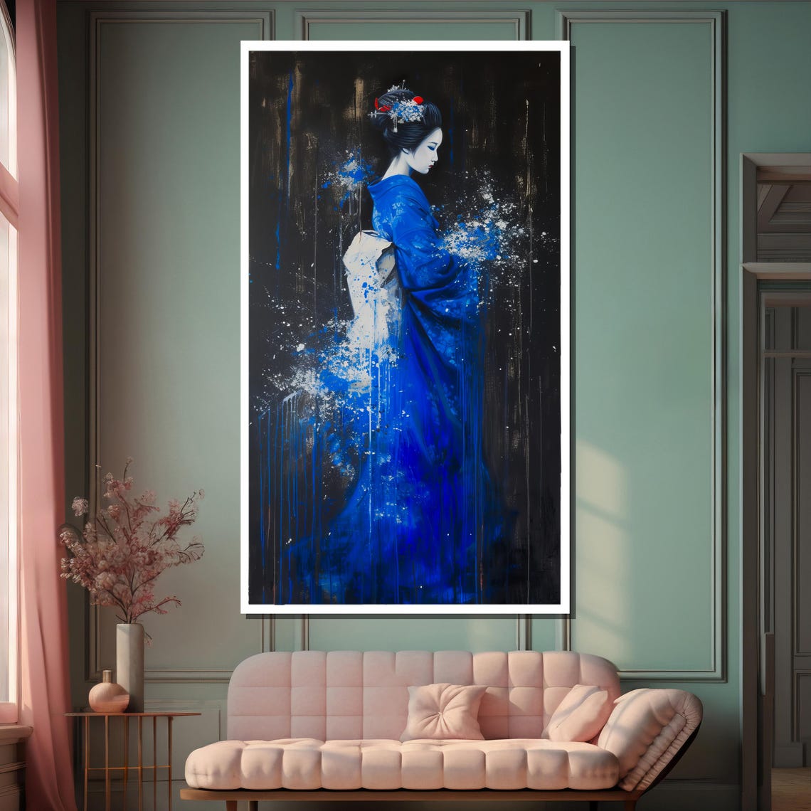 Elegant Geisha in Blue Kimono Emerging from Black Art Poster - Image 2