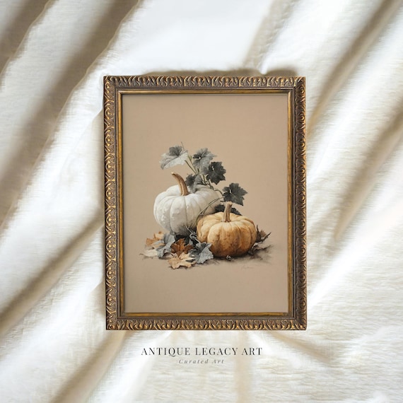 Vintage Pumpkin Still Life Print Rustic Autumn Harvest Wall Art Cozy Country Farmhouse Kitchen Fall Decor