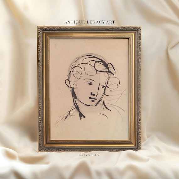 Minimalist Line Drawing Woman Portrait Vintage Charcoal Sketch Art Poster