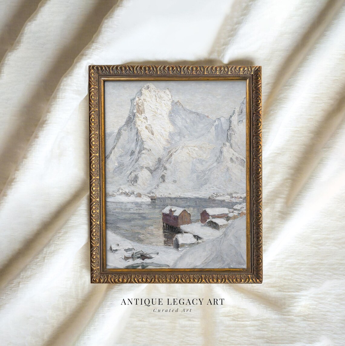 Snowy Nordic Mountain Cabins Frozen Lake Winter Landscape Art Poster
