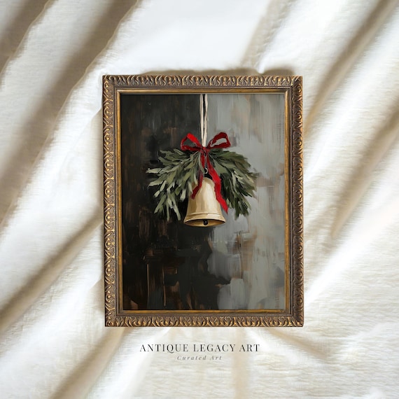 Vintage Christmas Bell With Red Bow Greenery Oil Painting Holiday Print