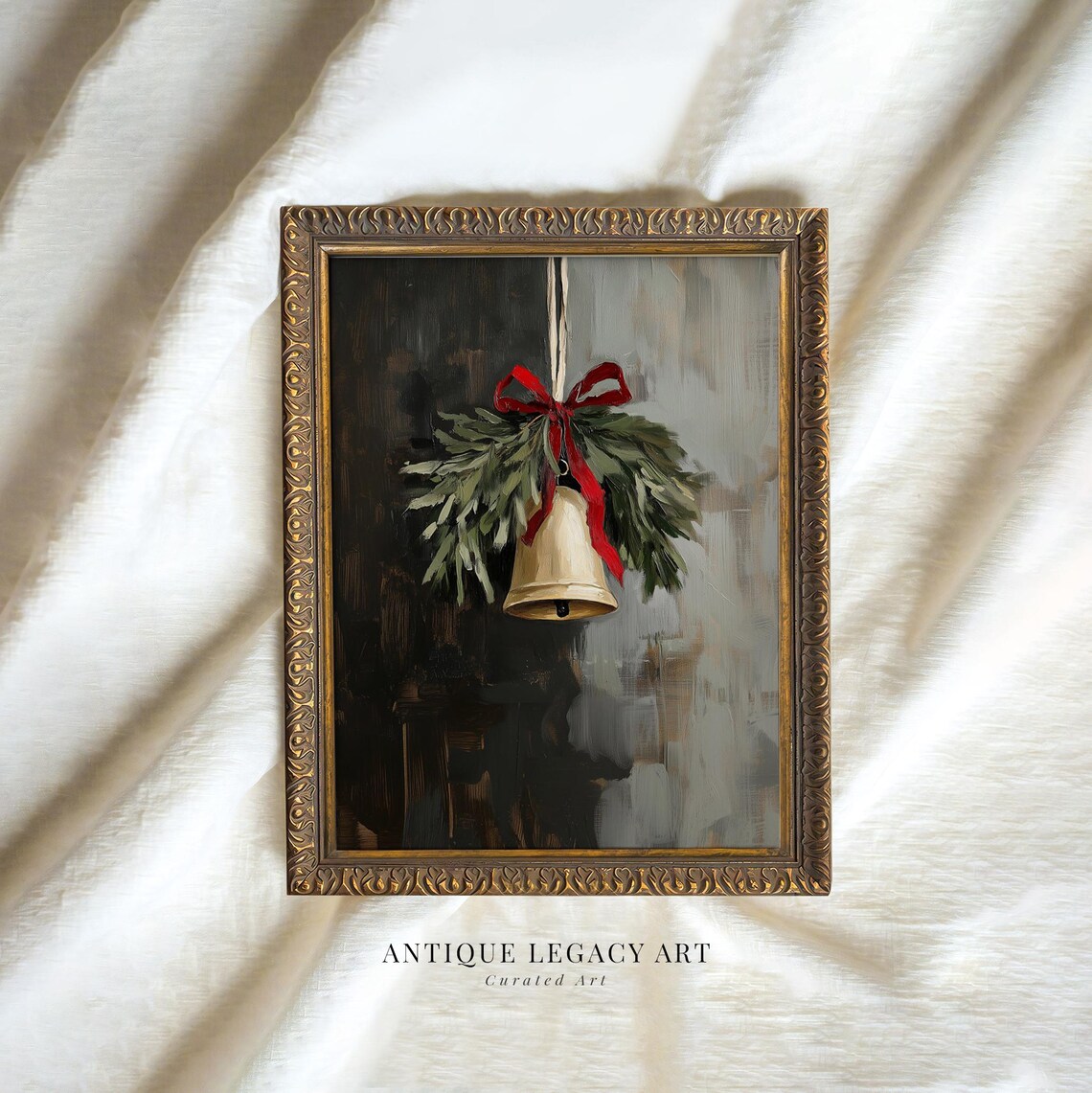 Vintage Christmas Bell With Red Bow Greenery Oil Painting Holiday Print