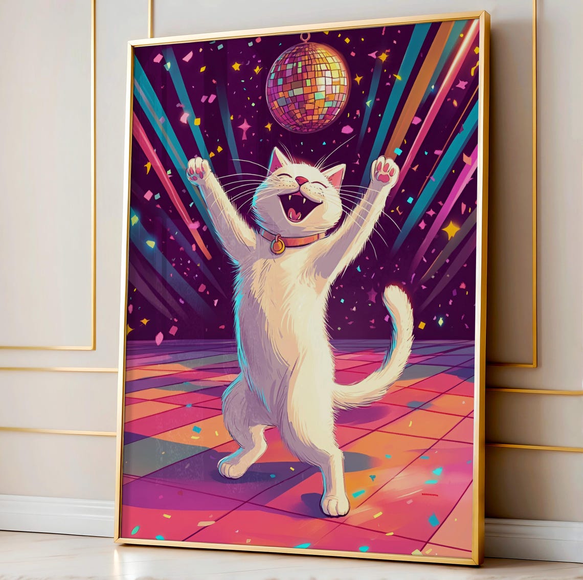 Disco Dancing White Cat Colorful Party Kitten Fun Art Poster