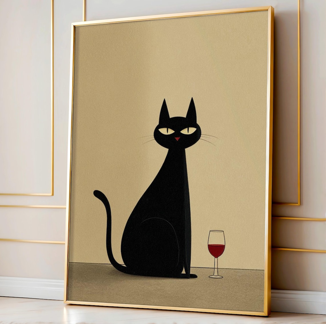 Elegant Wine Cat Wall Art Black Poster Minimalist Illustration Cozy Kitchen Bar Decor Print