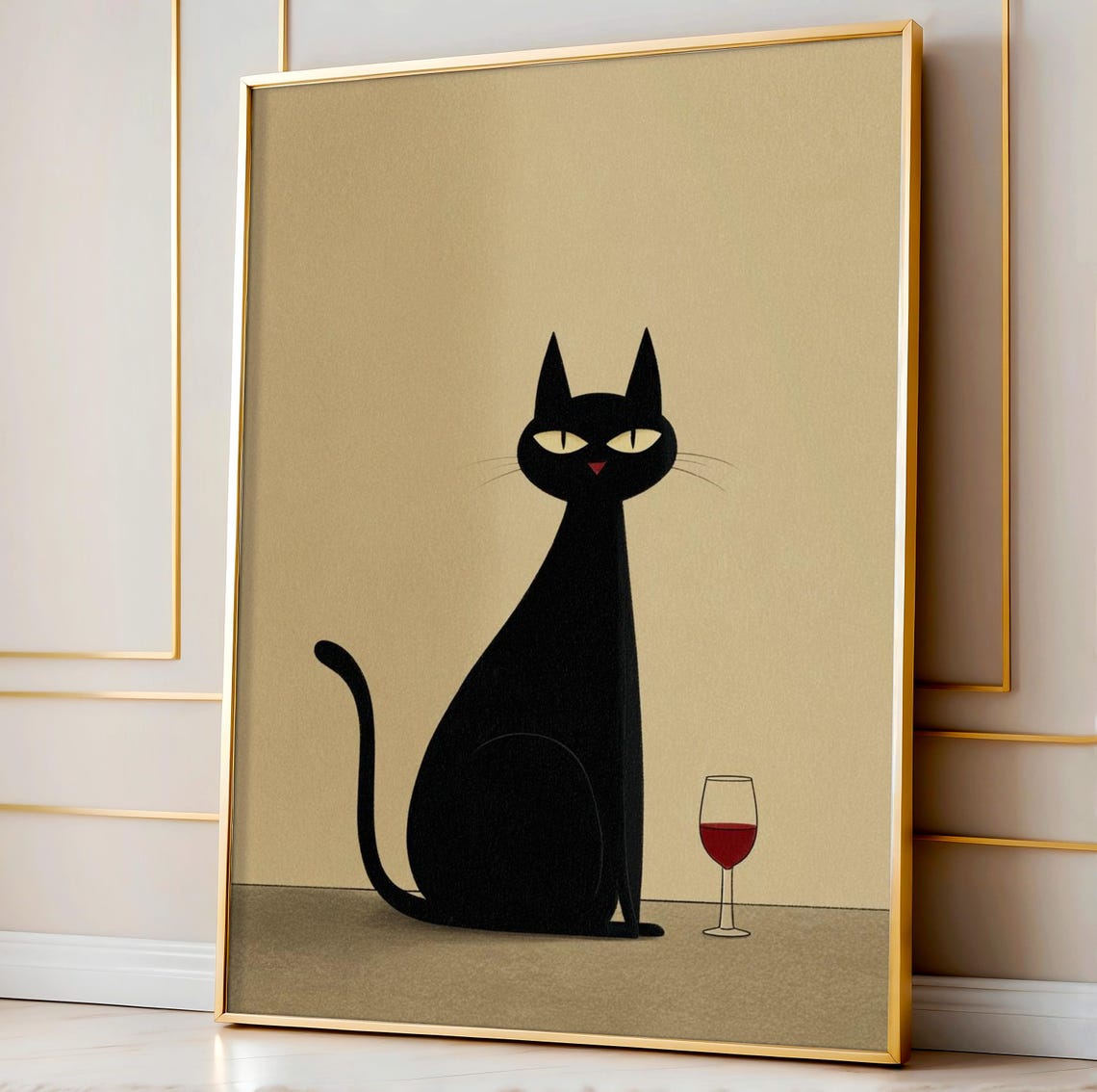 Minimalist Black Cat With Wine Glass Poster on Warm Beige Background