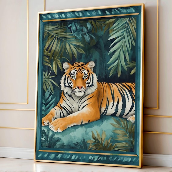 Lounging Tiger Tropical Jungle Teal Botanical Wildlife Poster
