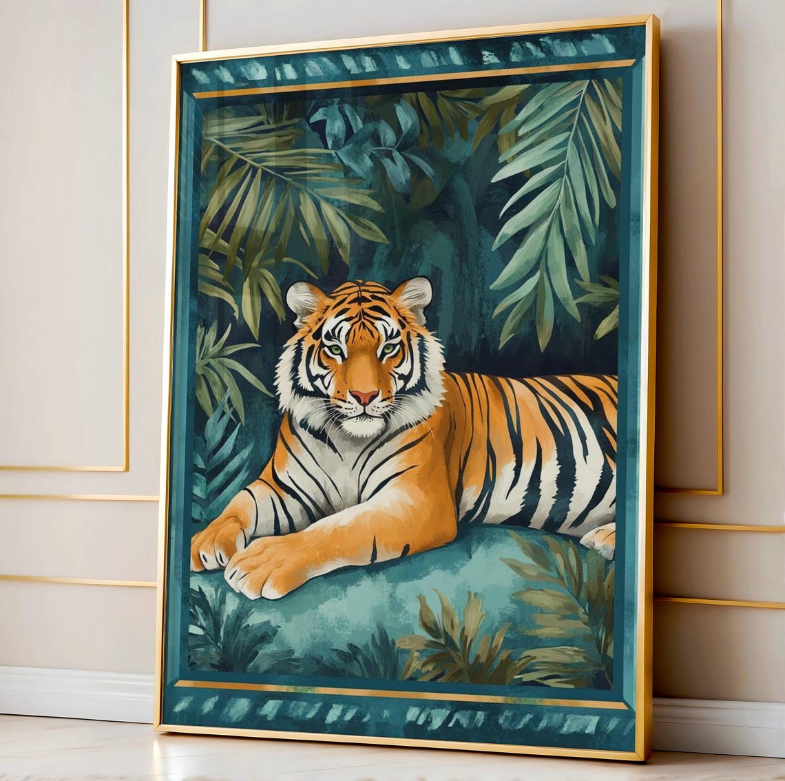 Lounging Tiger Tropical Jungle Teal Botanical Wildlife Poster