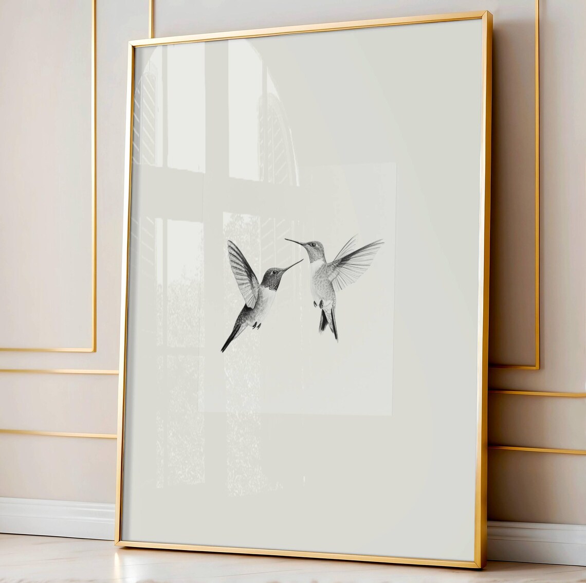 Two Hummingbirds Sketch Print, Minimalist Vintage Art
