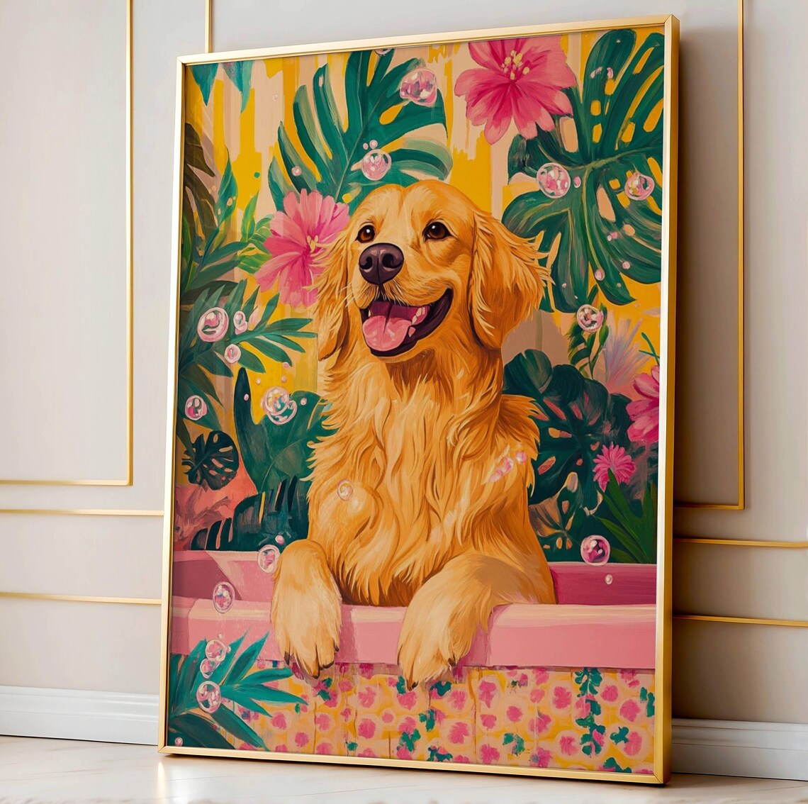 Golden Retriever In Bathtub Pink Dopamine Wall Art Print