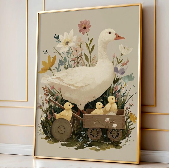 Mother Goose and Goslings in Wagon Whimsical Folk Nursery Poster