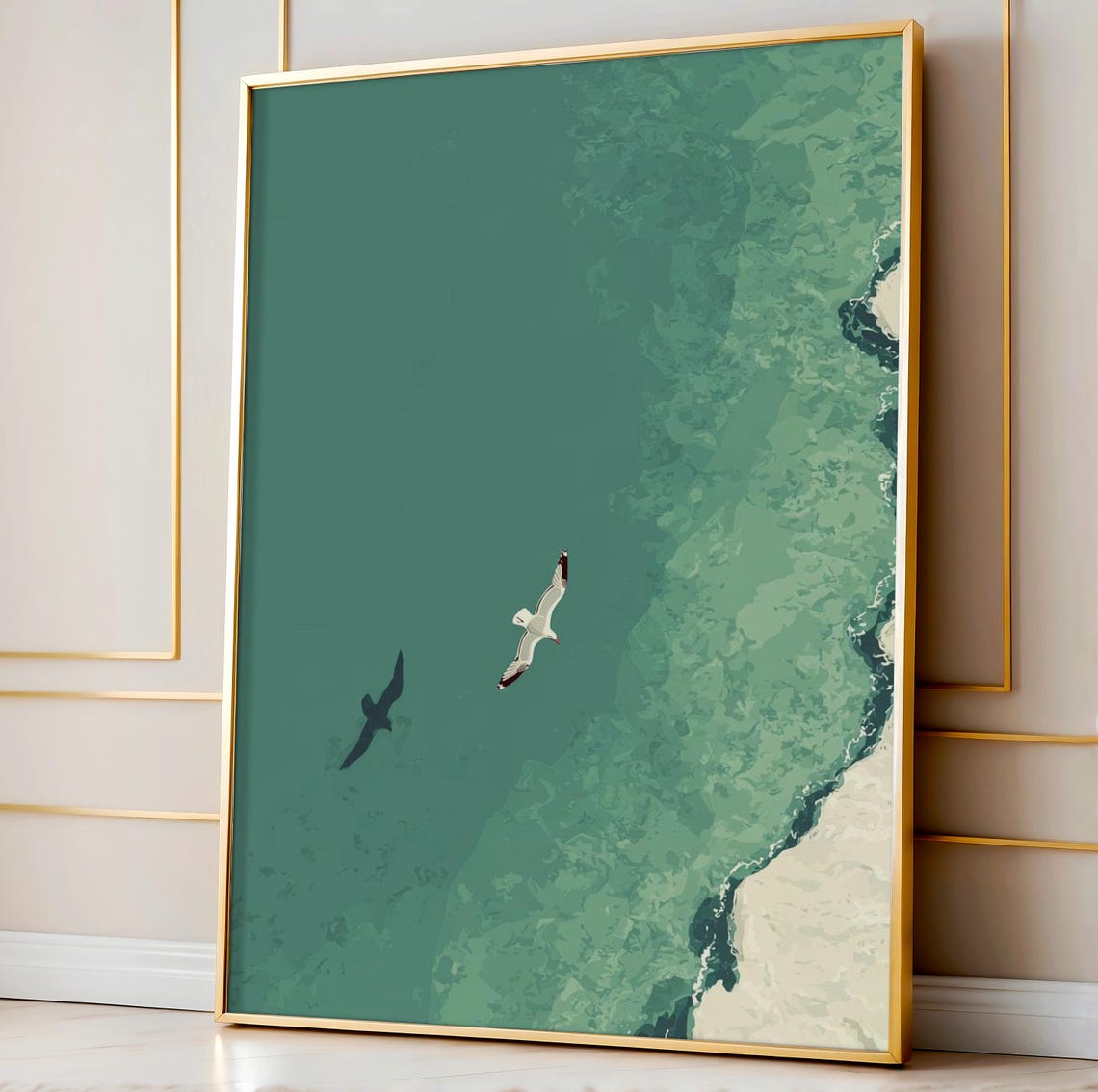 Calm Seagulls Soaring Over Green Ocean Minimal Coastal Art Print