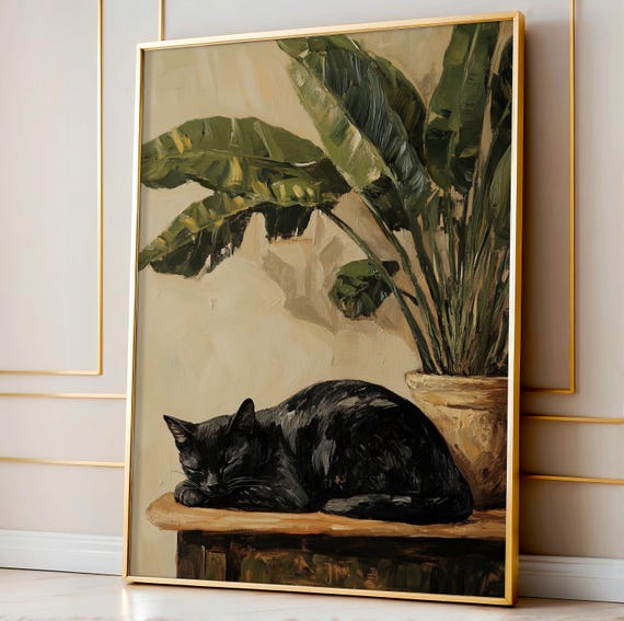 Funny Cat Wall Art Farmhouse Sleeping Print Rustic Decor Black Painting Animal Bathroom