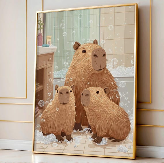 Capybara Bubble Play Family Art Funny Wall For Kids Bathroom Nursery Animal Poster Cute Decor