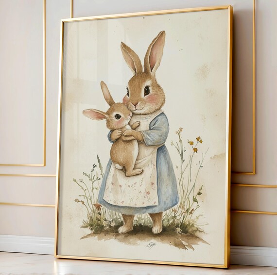 Mother Rabbit Hugging Baby Bunny Vintage Nursery Print Decor Art