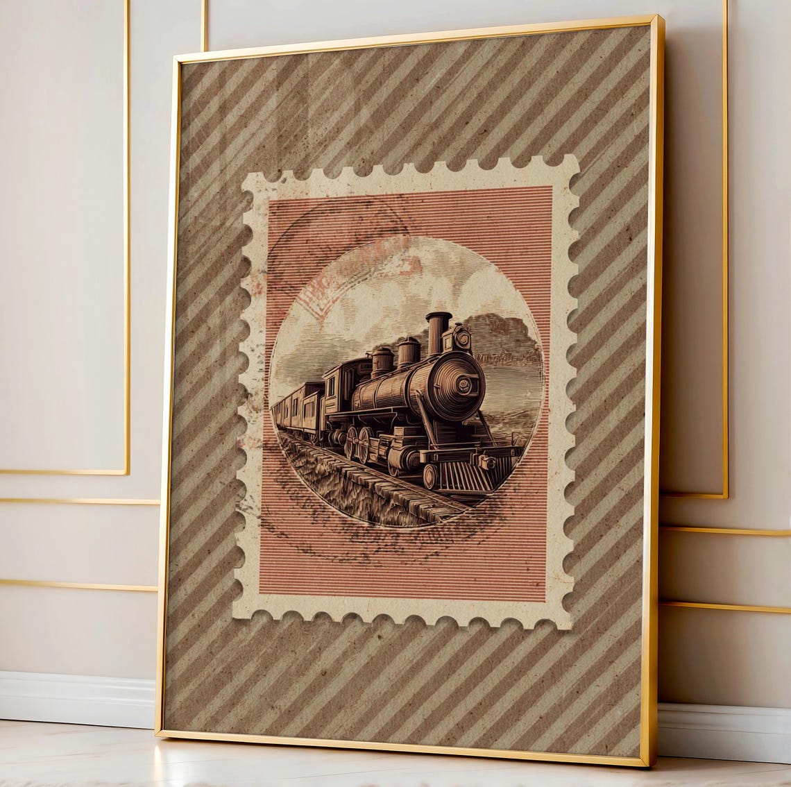 Vintage Steam Train Postage Stamp Engraving Art Poster Rustic Decor