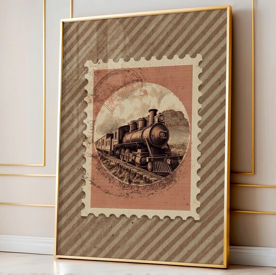 Vintage Steam Train Postage Stamp Engraving Art Poster Rustic Decor