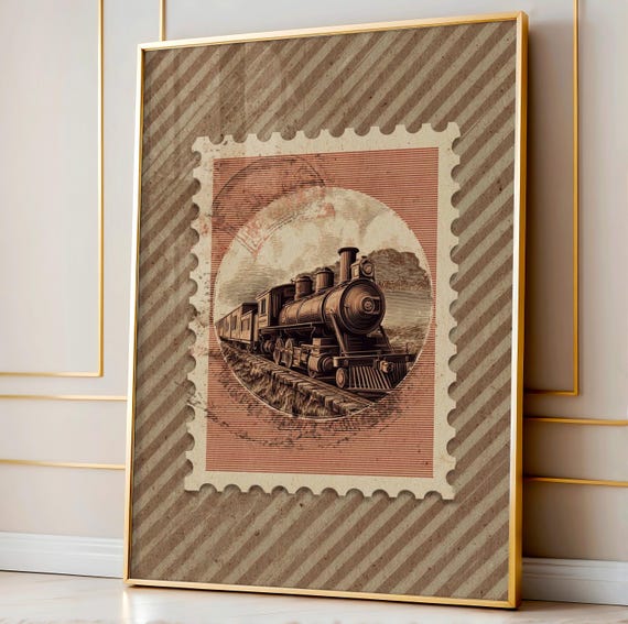 Vintage Steam Train Stamp Print Rustic Western Retro Mid Century Cowboy Railroad Ranch Wall Art