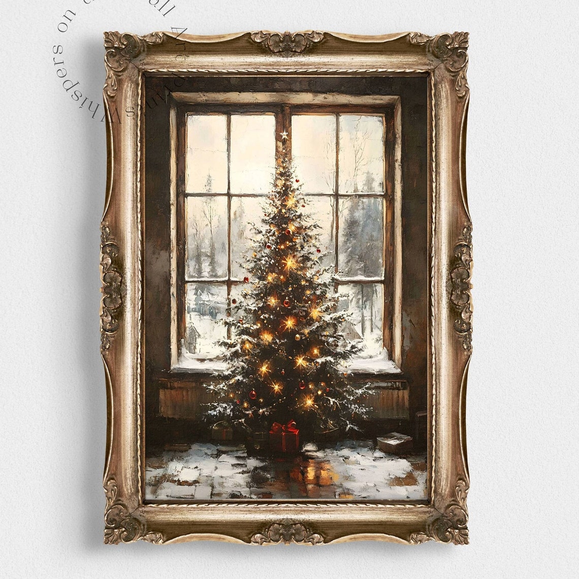 Christmas Tree by Window Glowing Lights Snowy Vintage Holiday Poster - Image 6