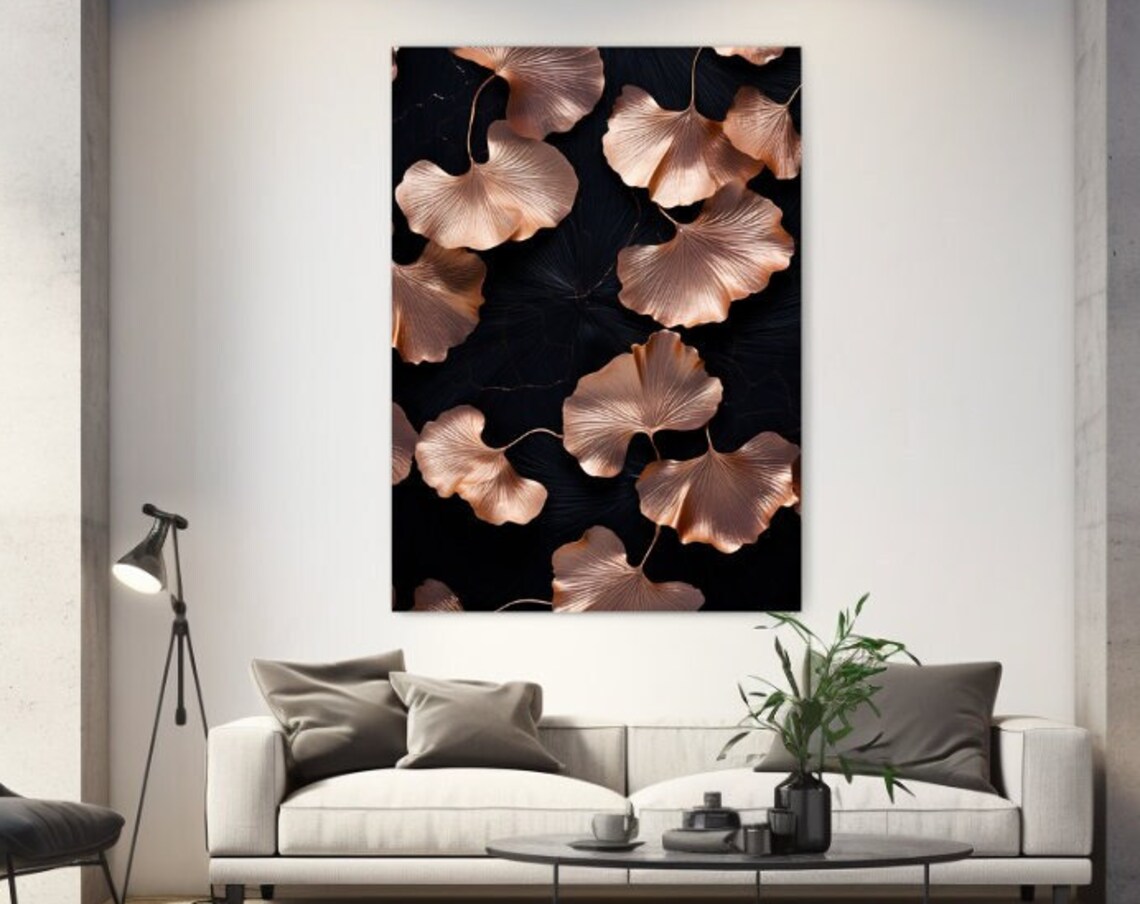 Rose Gold Ginkgo Leaves On Black Modern Botanical Art Wall Poster