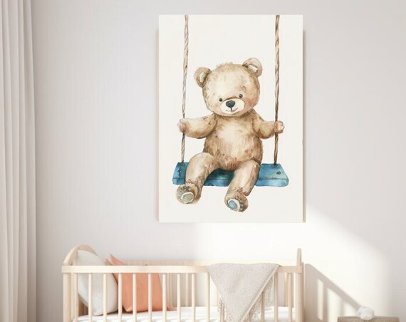 Teddy Bear Sitting On Blue Rope Swing Watercolor Nursery Wall Art Print