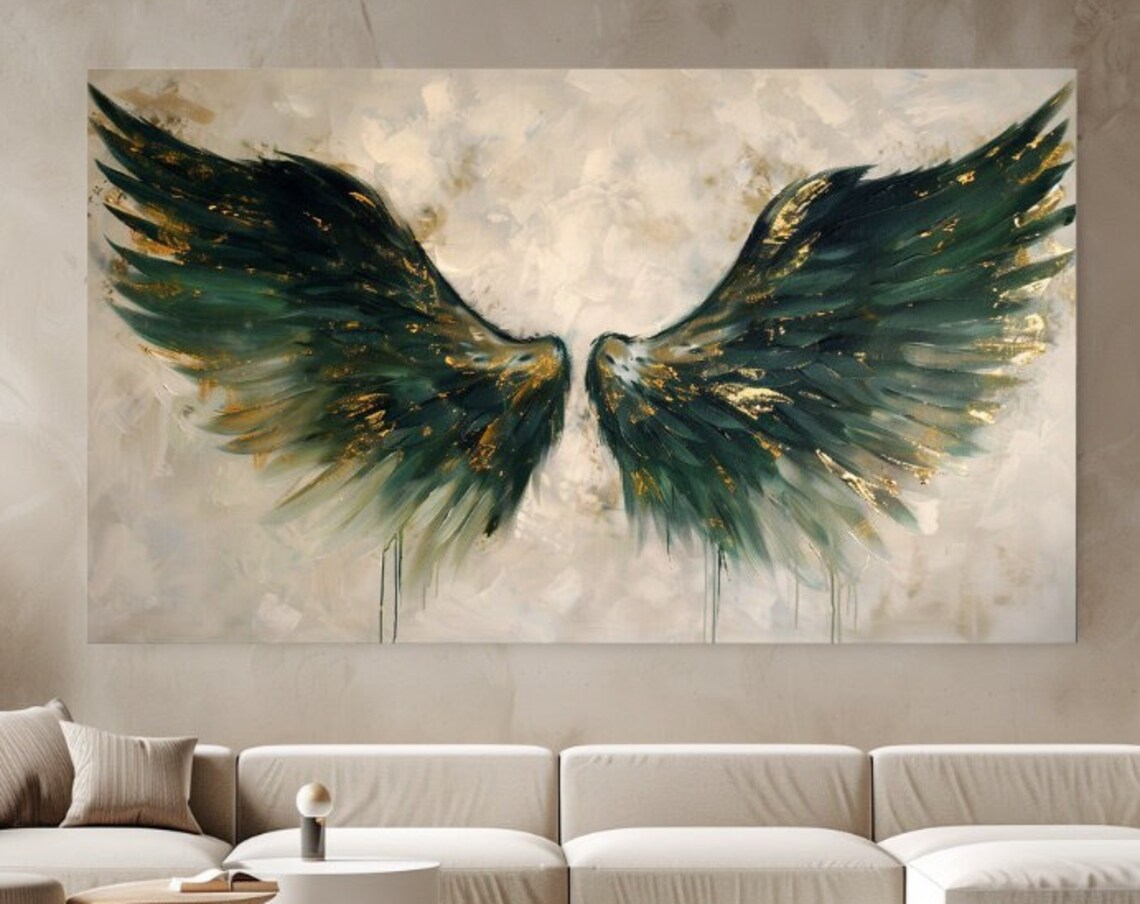 Dark Green Angel Wings Abstract Painting Art Print