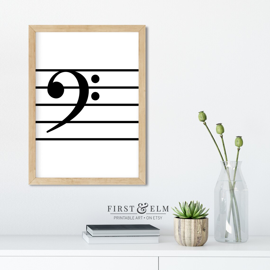 Minimalist Bass Clef on Staff Lines Black and White Music Poster - Image 3