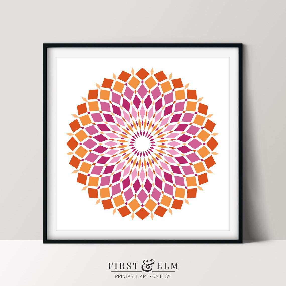 Lesbian Pride Mandala Orange Pink Geometric Diamond Wall Art Decor
