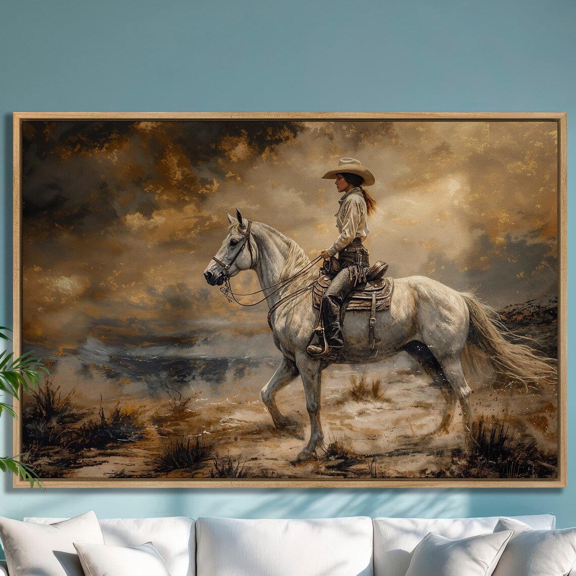 Cowgirl Riding White Horse Through Desert Under Dramatic Sky Poster