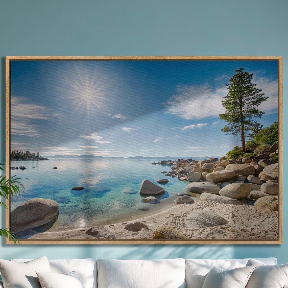 Sunny Lake Tahoe Beach With Turquoise Water And Giant Boulders Poster
