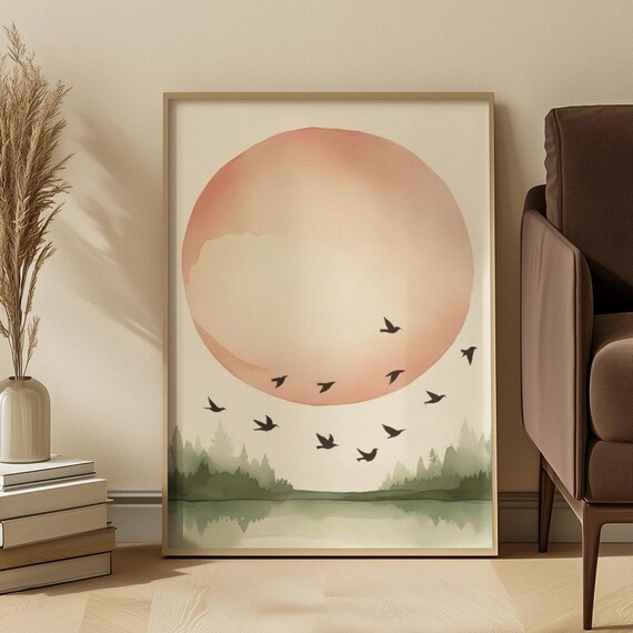 Blush Watercolor Rising Sun Birds Over Misty Lake Minimalist Zen Wall Art